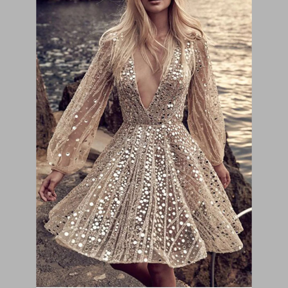 Sequin Deep V-Neck Mini Dress