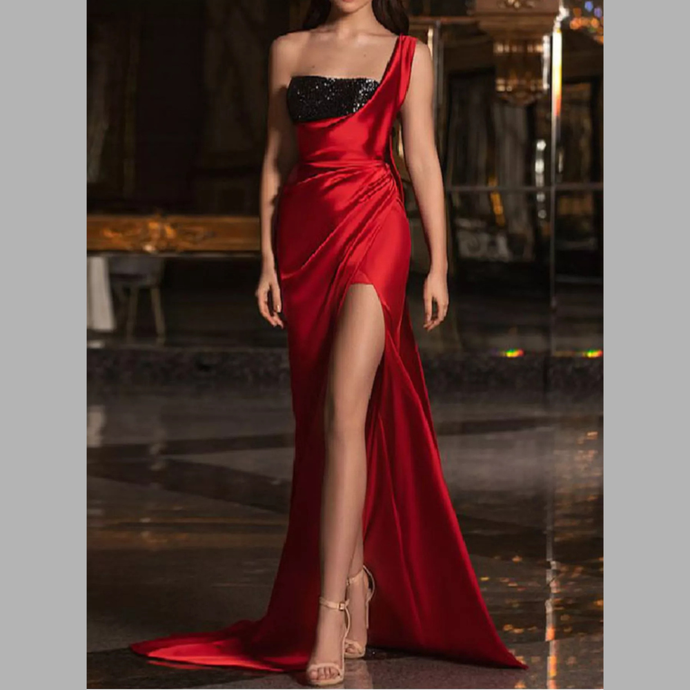 One-Shoulder Sequin Bodice Satin Gown with High Slit