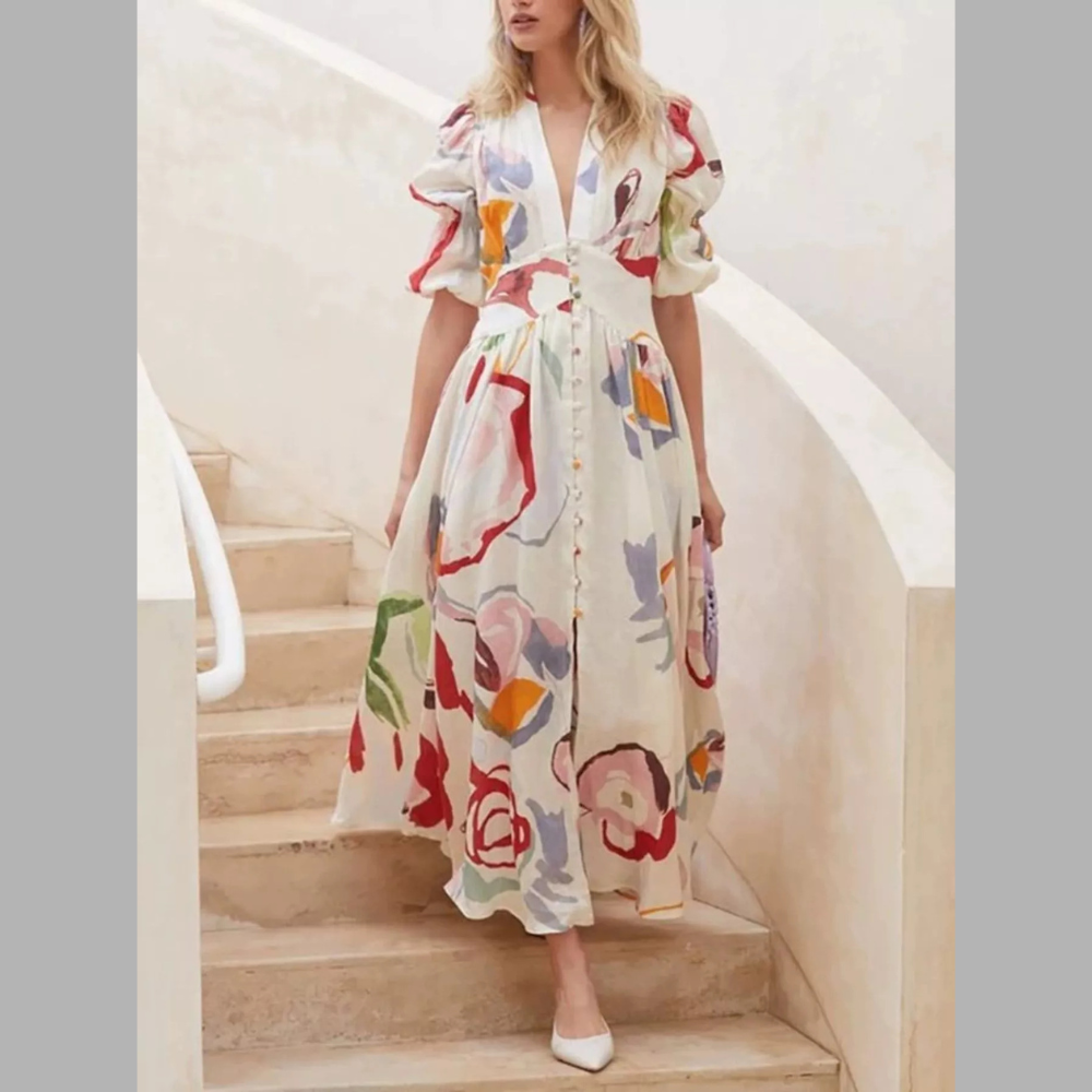 Full Size Abstract Print Puff Sleeve Midi Dress Plus Size