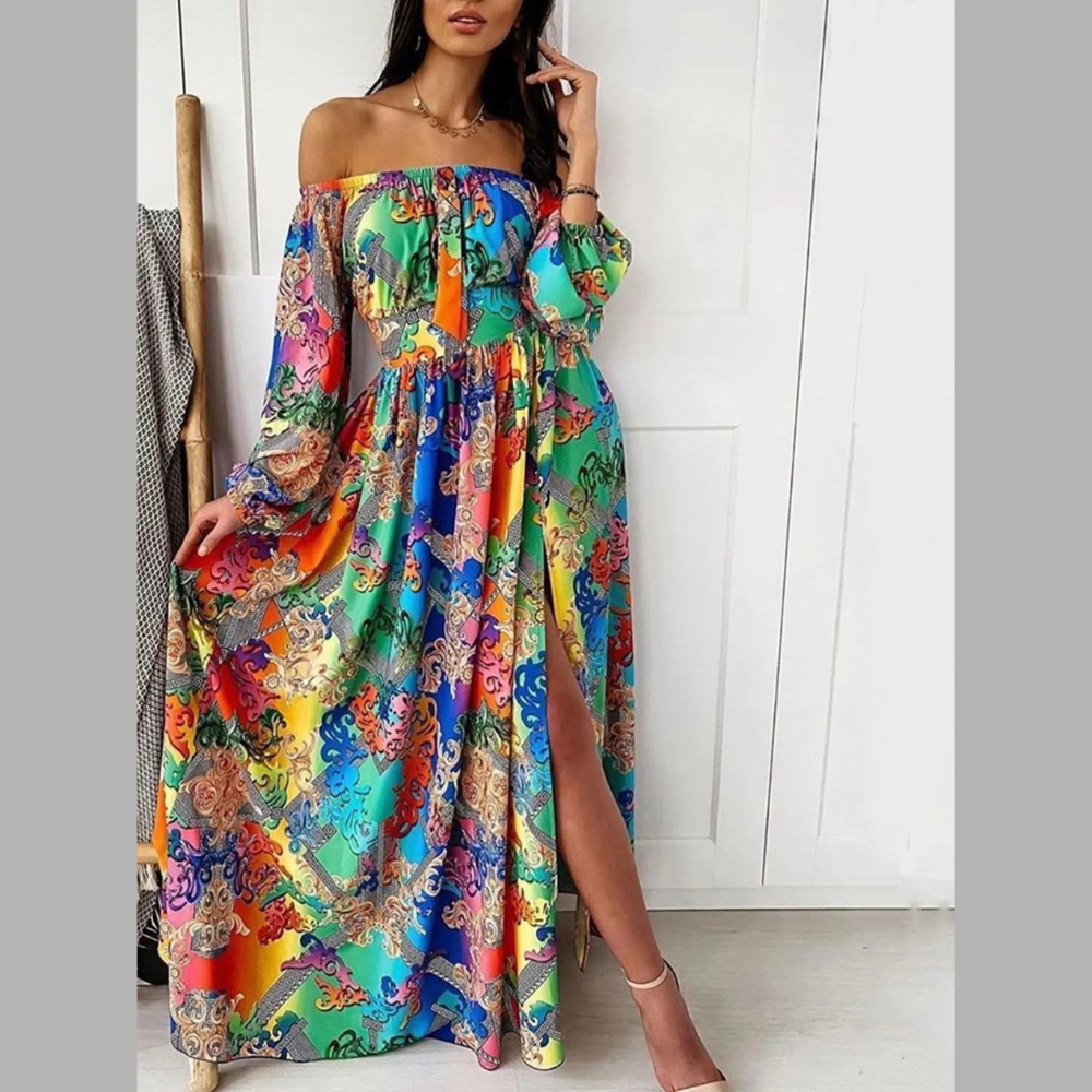 Slit Printed Off Shoulder Maxi Dress