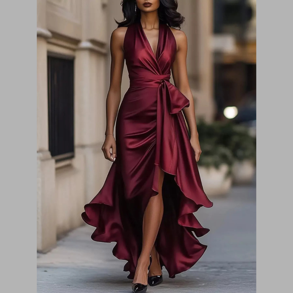 Full Size High-Low Ruffled Satin Maxi Dress Plus Size
