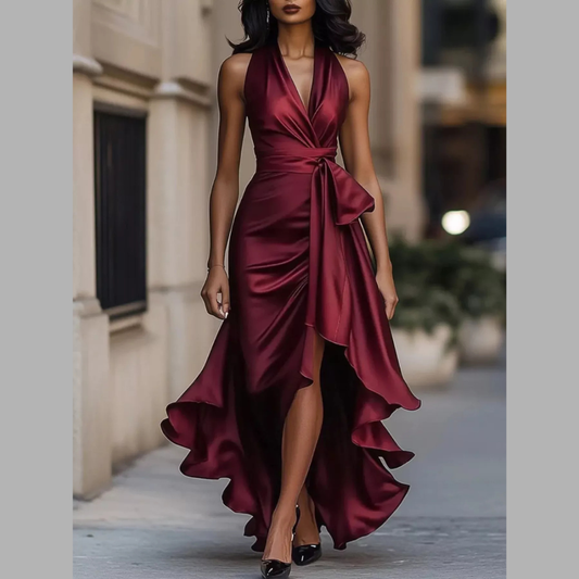Full Size High-Low Ruffled Satin Maxi Dress Plus Size