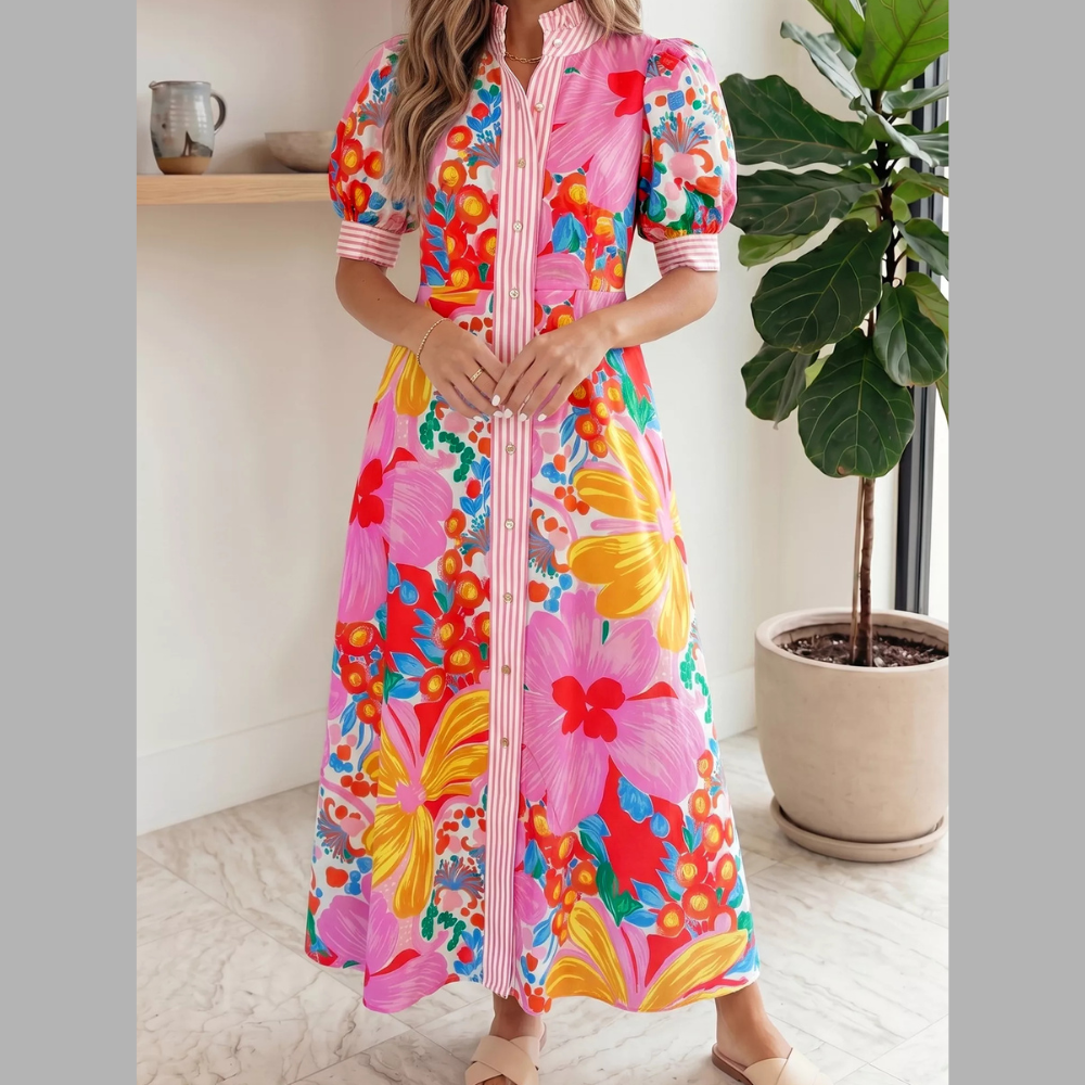 Floral Print Striped Trim Button Down Short Sleeve Maxi Dress