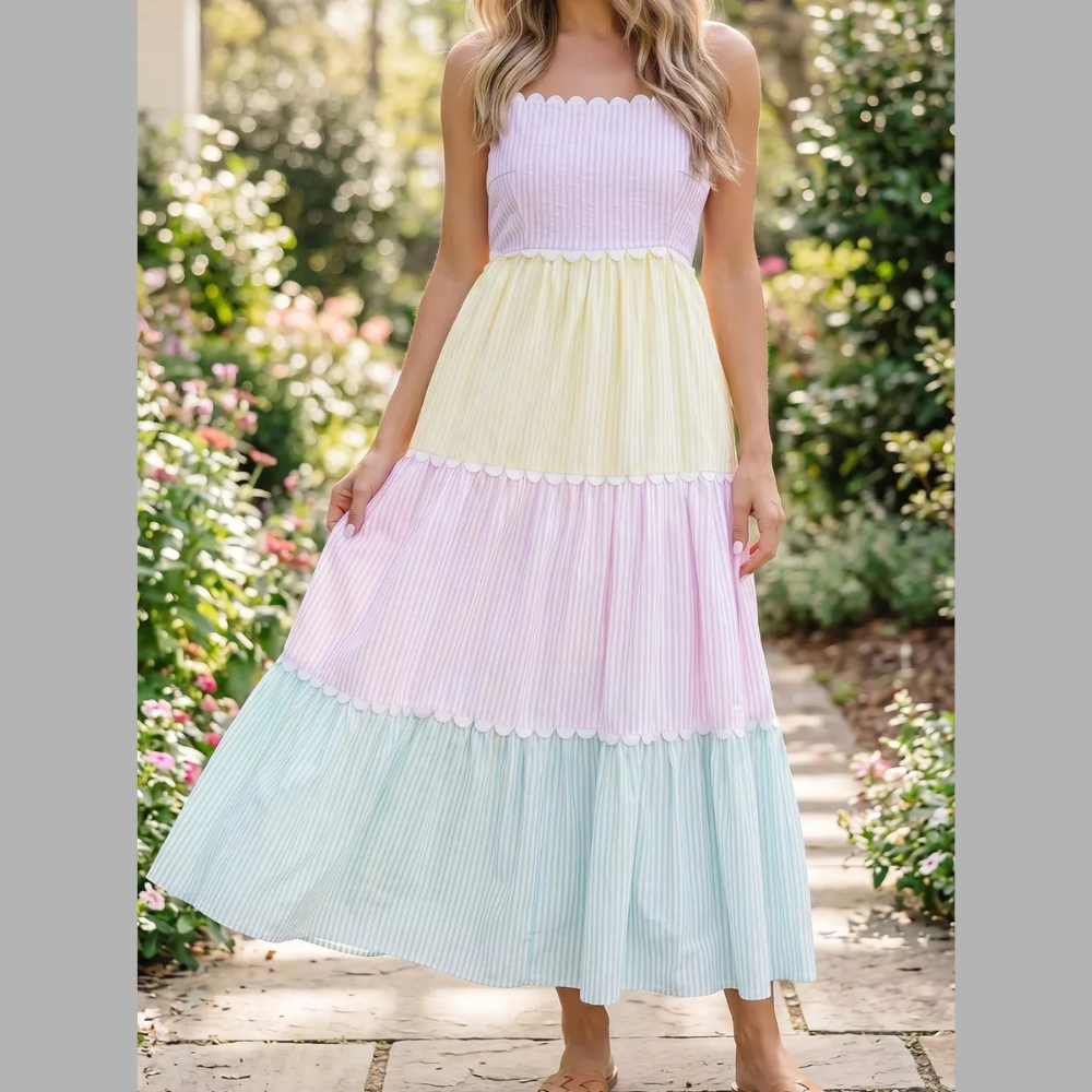 Striped Colorblock Adjustable Strap Scalloped Detail Long Dress