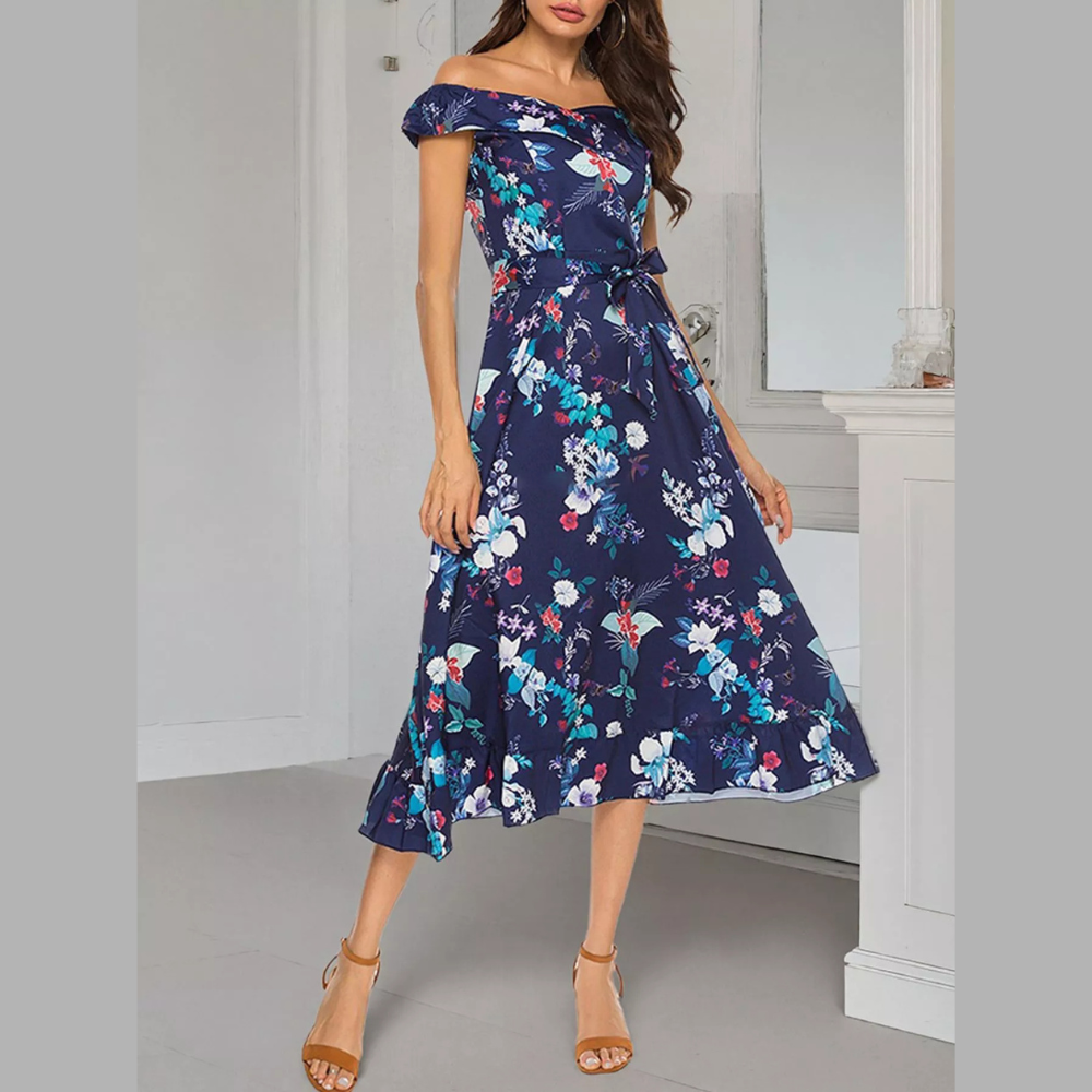 Floral Print Off Shoulder Midi Dress