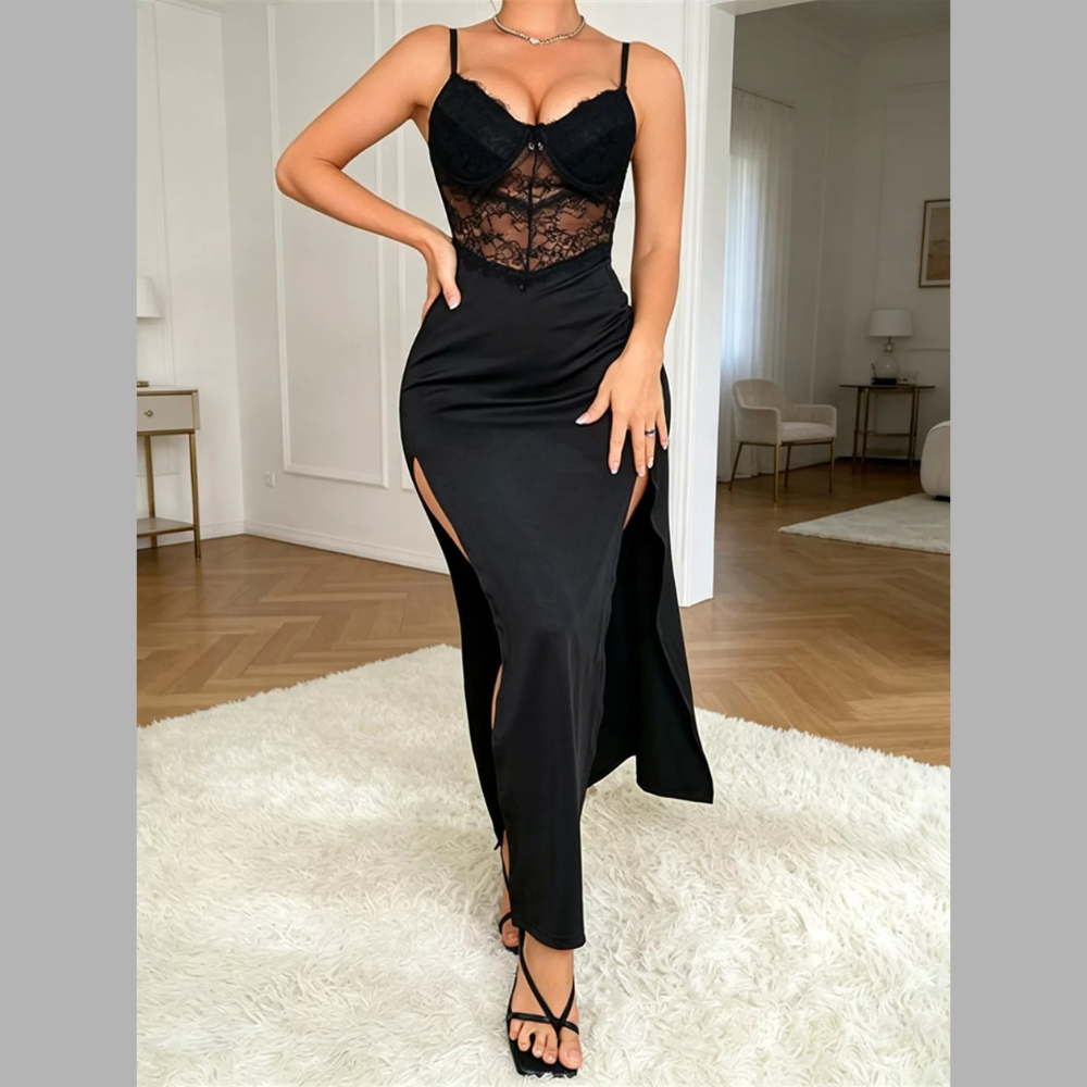 Lace Spaghetti Strap Slit Maxi Dress