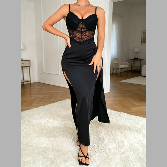 Lace Spaghetti Strap Slit Maxi Dress