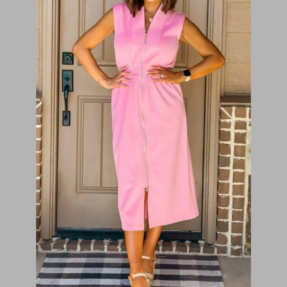 Sleeveless Zipper Front Midi Dress
