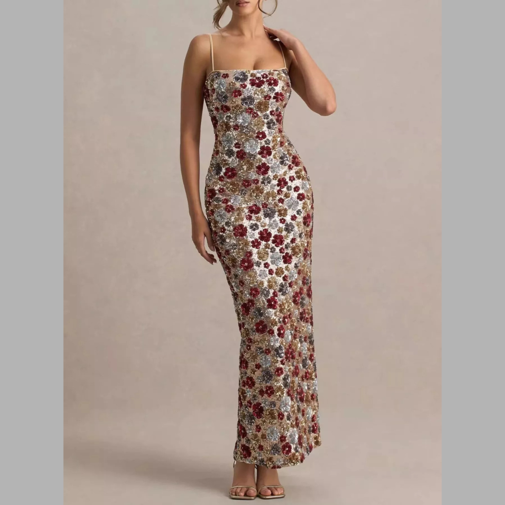 Slit Floral Sequin Bodycon Maxi Dress