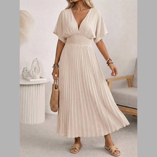Pleated V-Neck Midi Dress