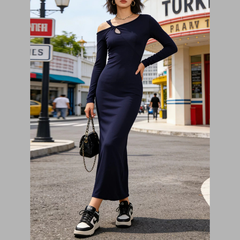 Asymmetrical Neck Long Sleeve Dress