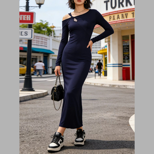 Asymmetrical Neck Long Sleeve Dress
