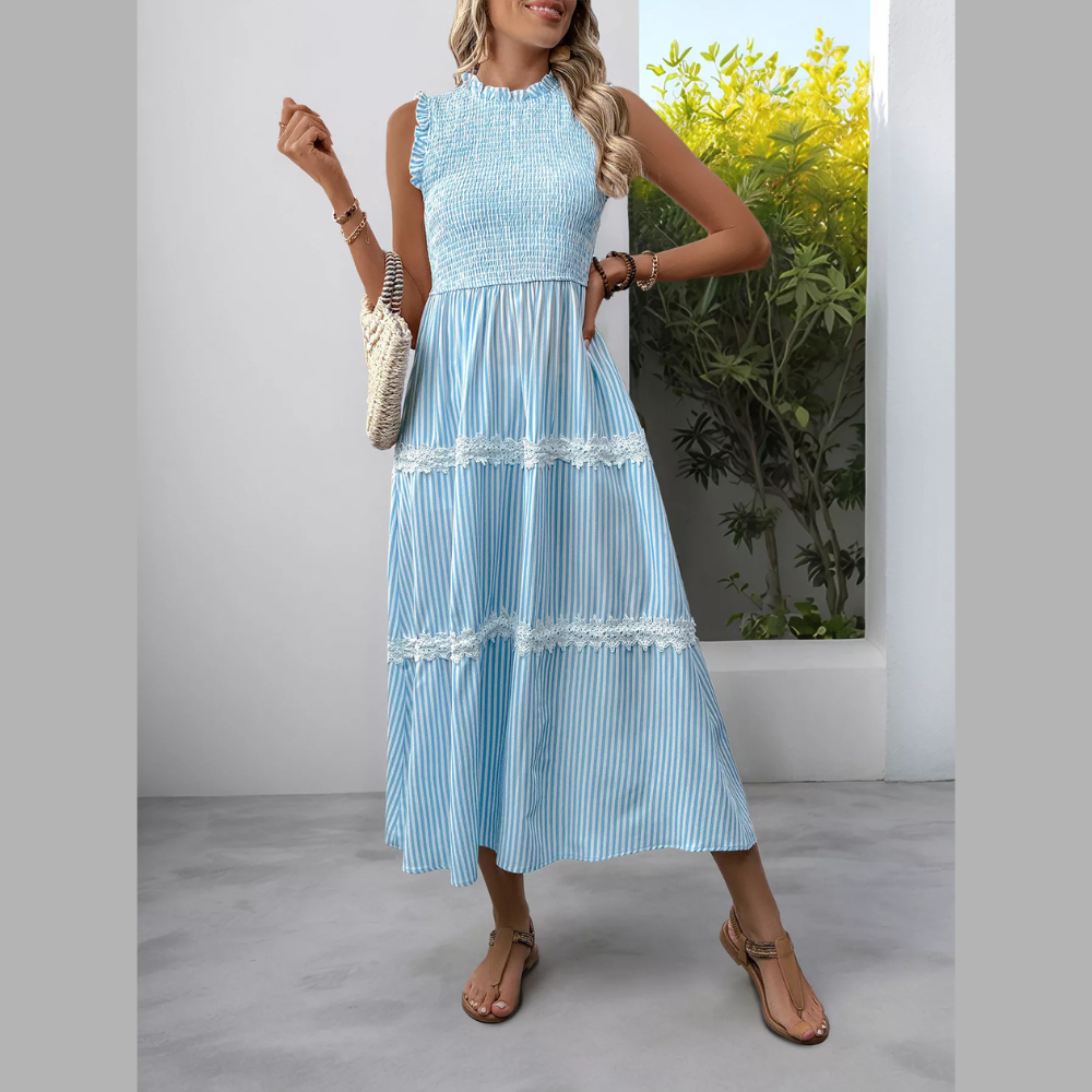 Striped Smocked Sleeveless Tiered Midi Dress
