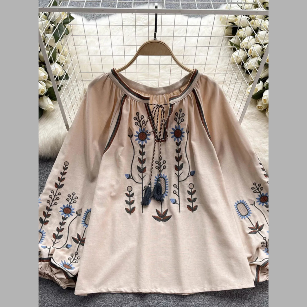 Embroidered Tie Neck Casual Blouse