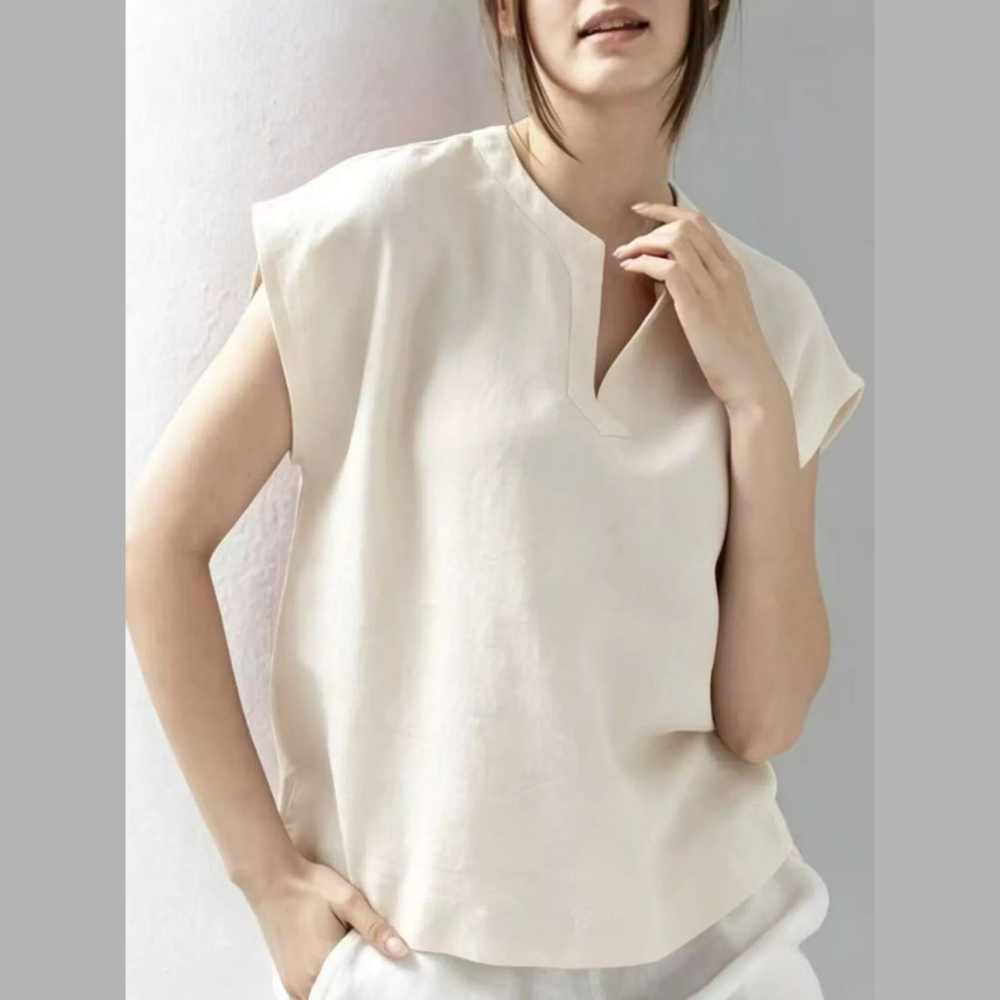 Notched Cap Sleeve Blouse