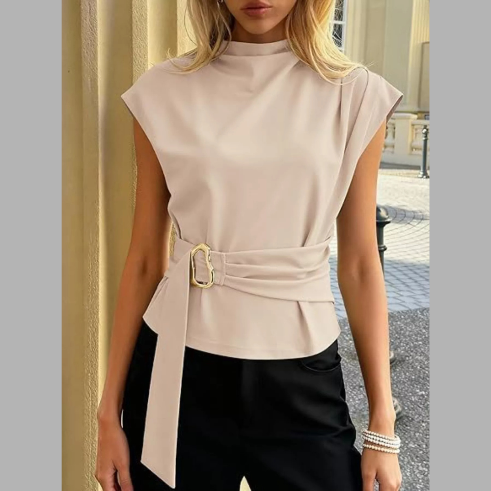 Mock Neck Cap Sleeve Buckle Top