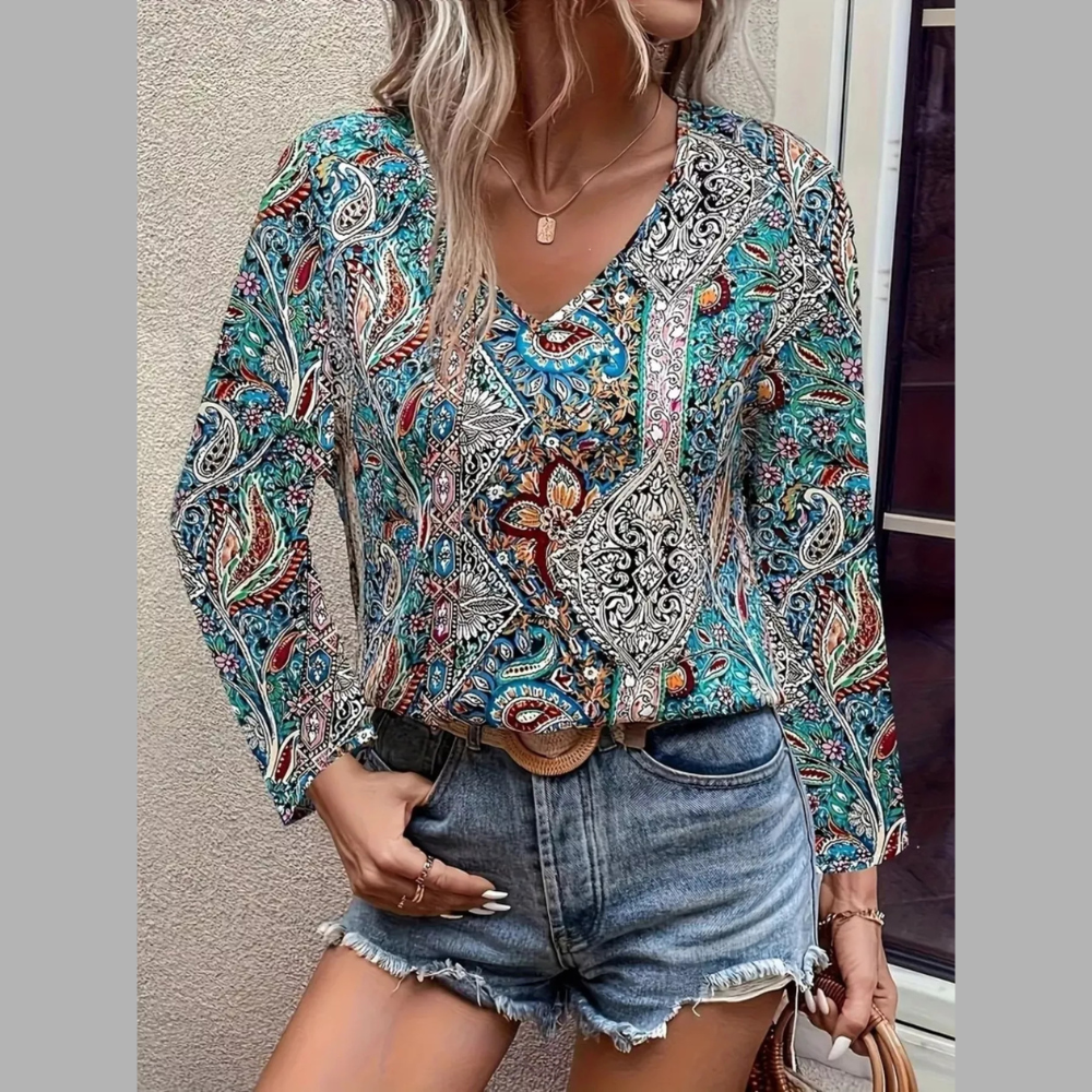 Paisley Print V-Neck Long Sleeve Blouse