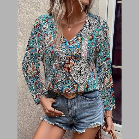 Paisley Print V-Neck Long Sleeve Blouse