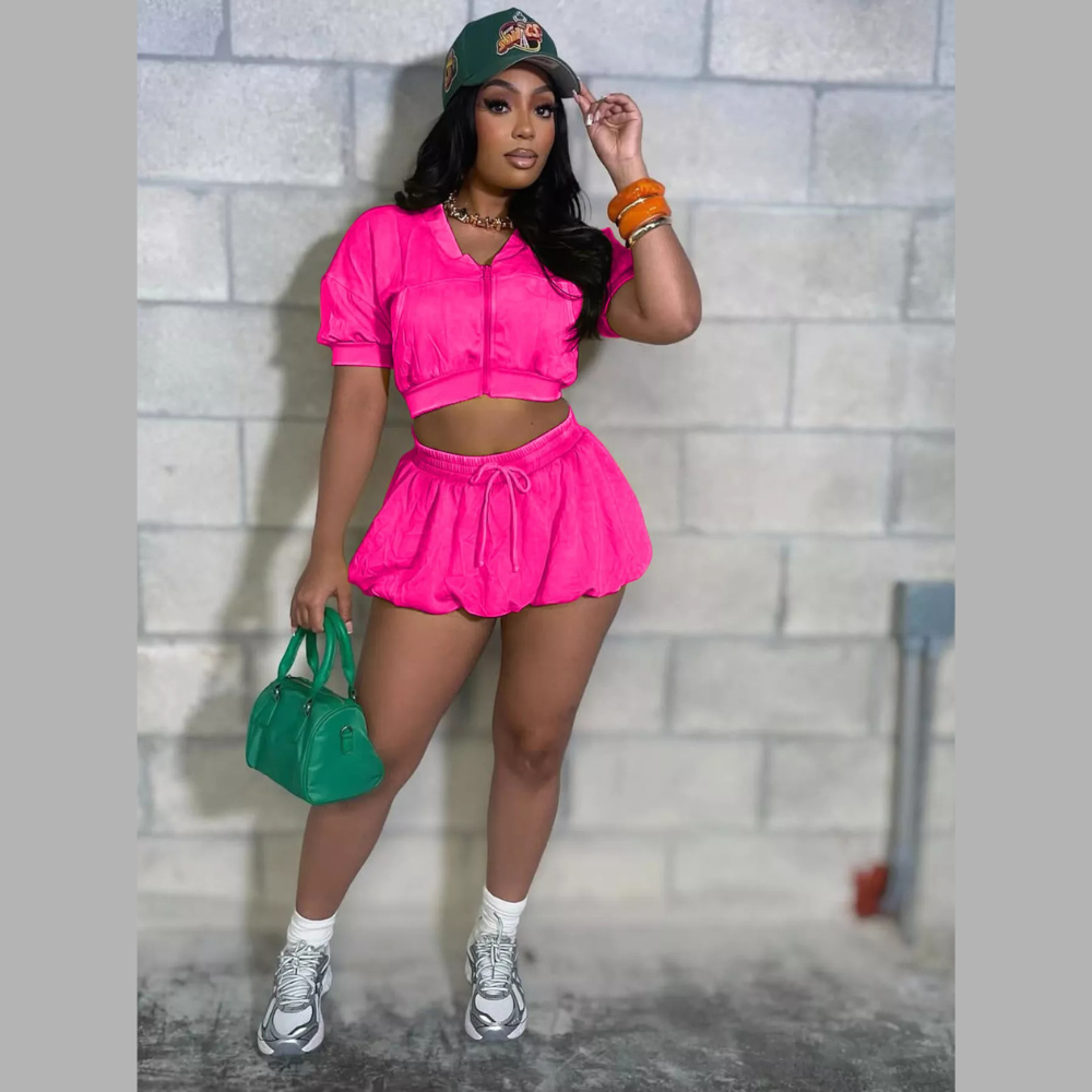 Zip Up Crop Top and Shorts Set