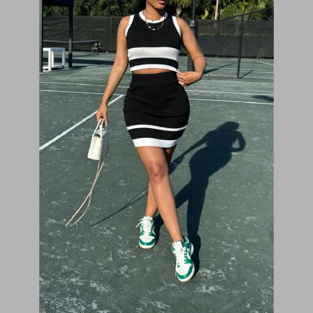 Contrast Trim Tank and Skirt Knit Set