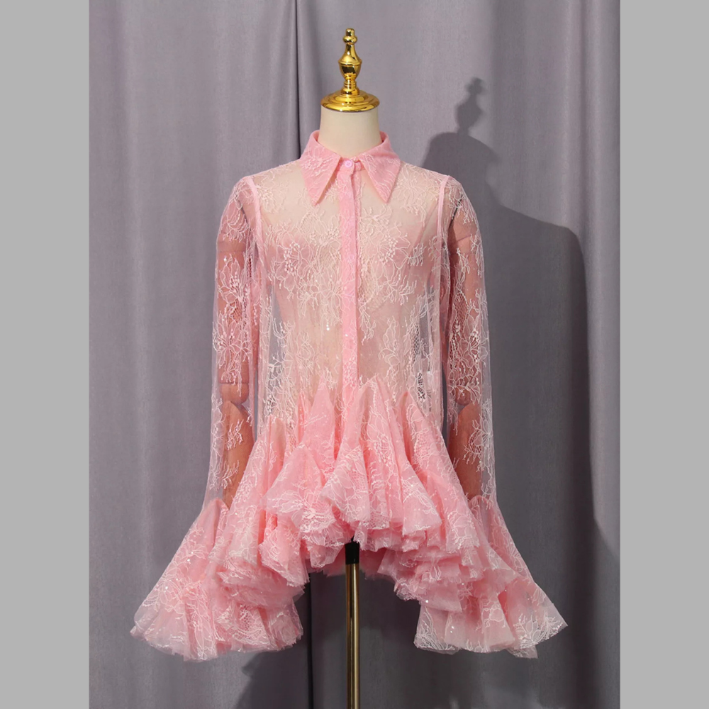 Ruffled Hem Lace Long Sleeve Dress