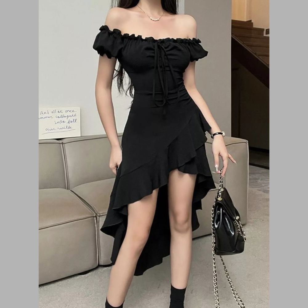 Off-Shoulder Ruffle Hem High-Low Dress