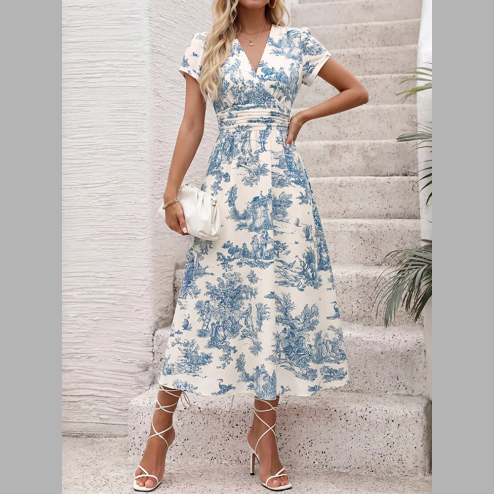 Printed Short Sleeve Casual Midi Dress