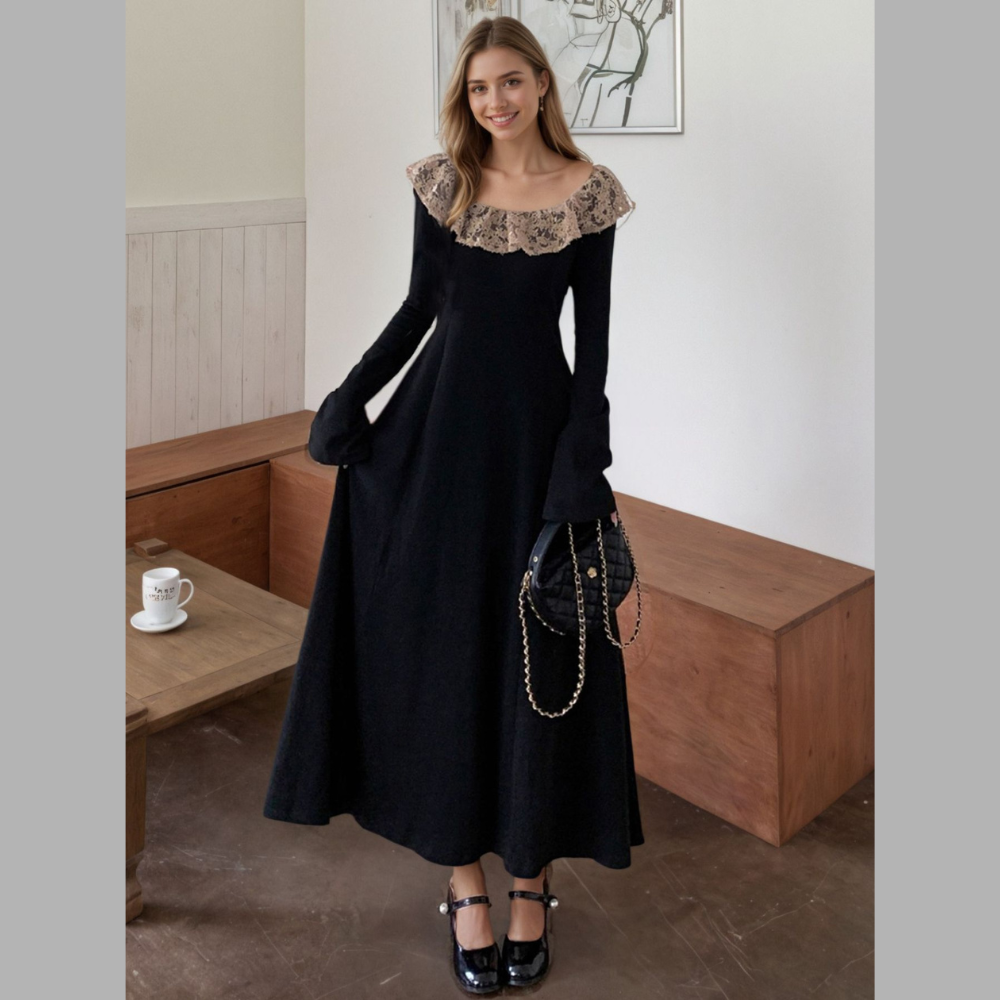 Lace Collar Long Sleeve Dress