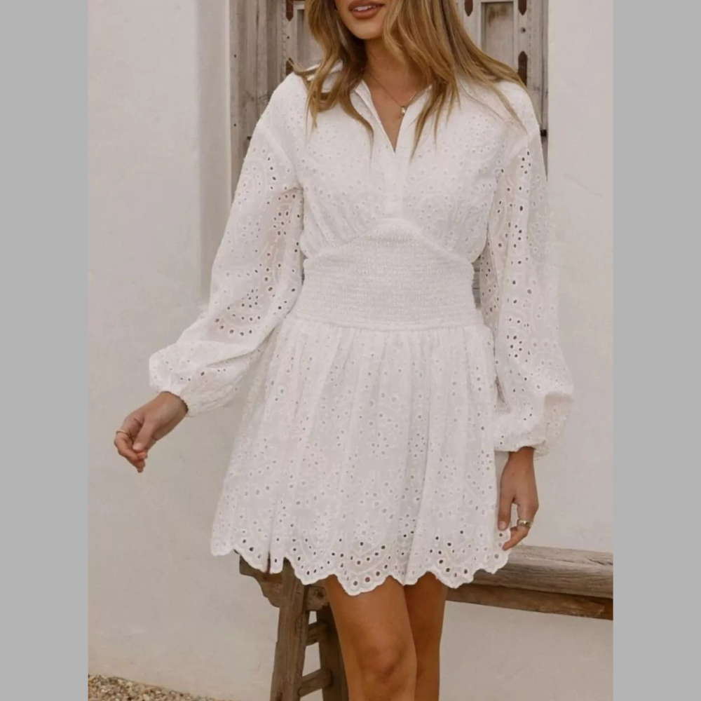 Eyelet Balloon Sleeve Mini Dress