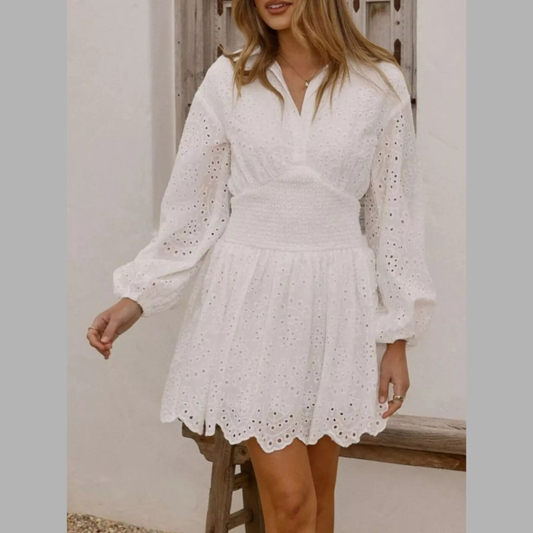 Eyelet Balloon Sleeve Mini Dress