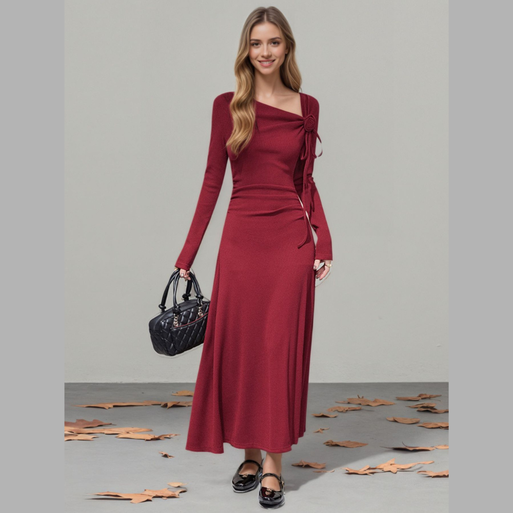 Flower Asymmetrical Neckline Long Sleeve Dress