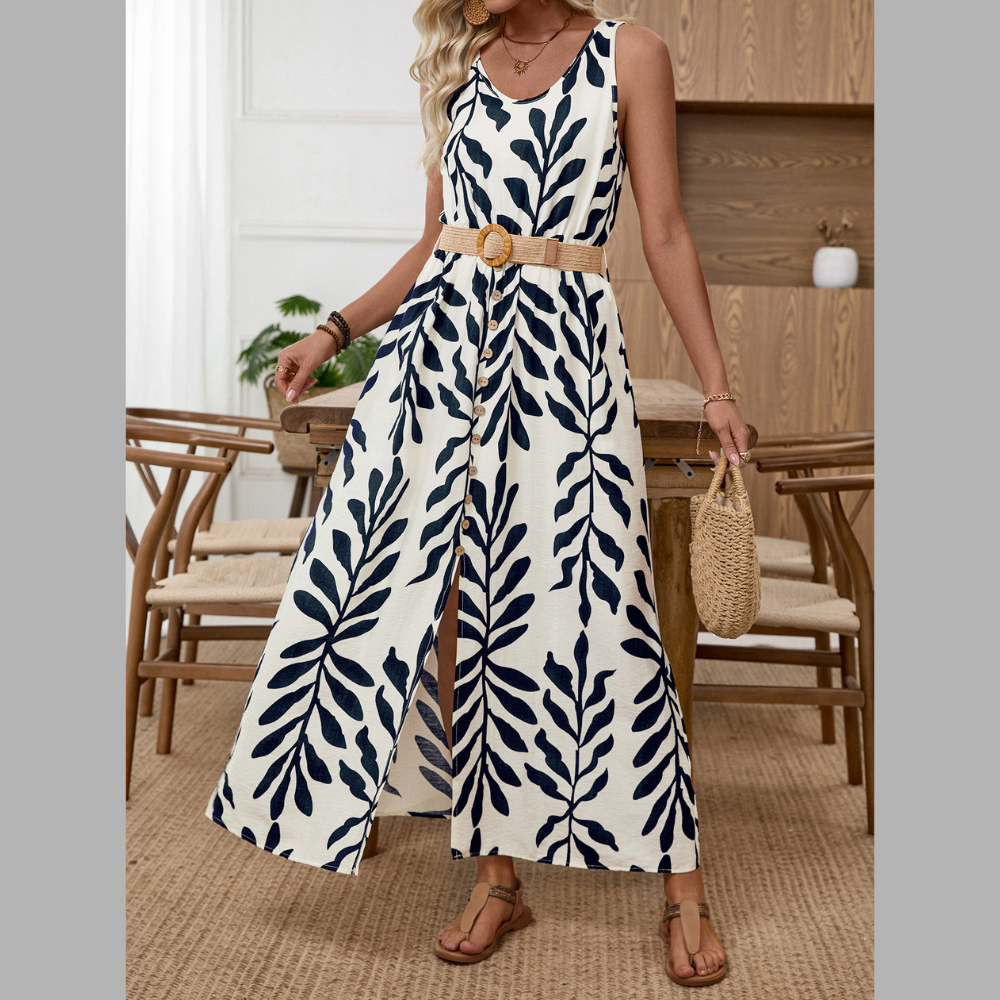 Leaf Print Sleeveless Slit Dress
