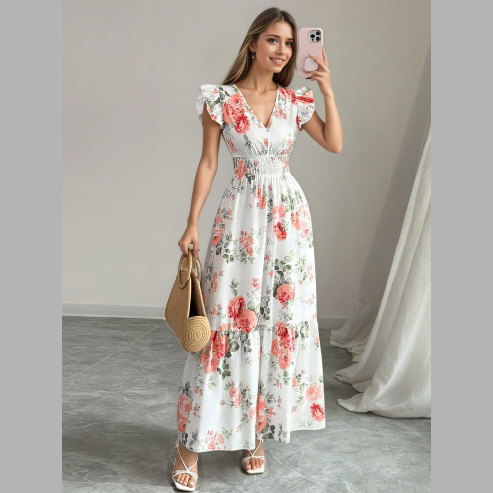 Floral Print Ruffle Sleeve Tiered Maxi Dress