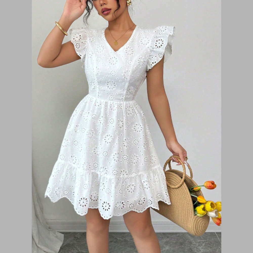 Eyelet Ruffle Sleeve Mini Dress