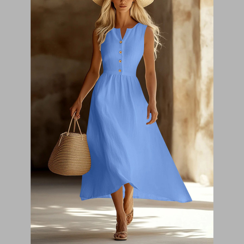 Sleeveless Button Front Flowy Midi Dress