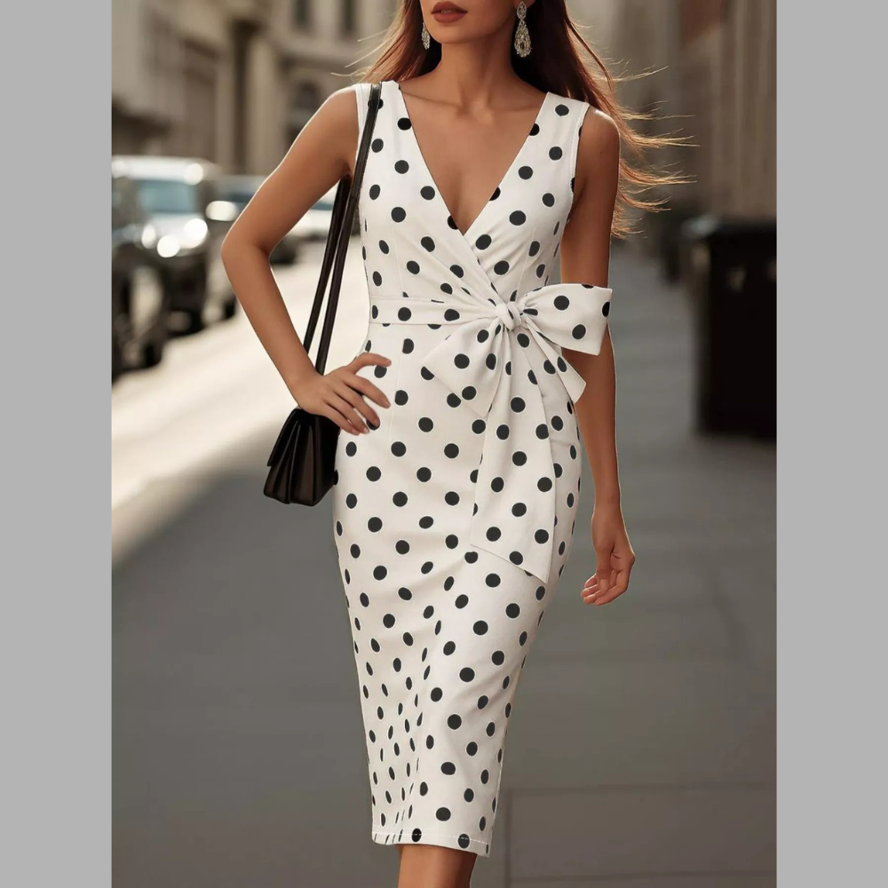 Polka Dot Wrap Midi Dress with Front Tie