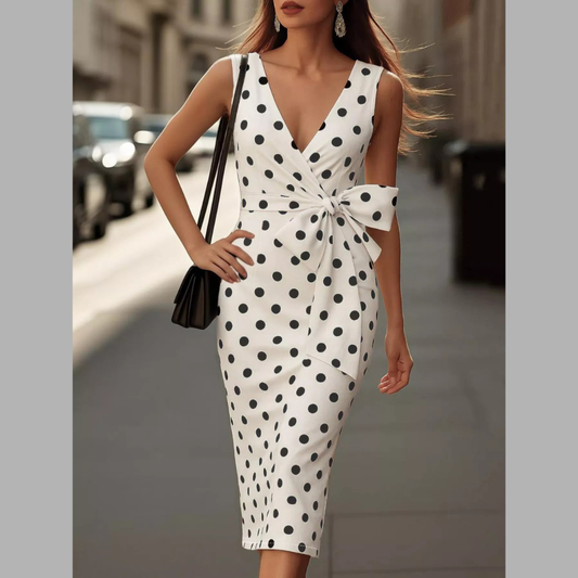 Polka Dot Wrap Midi Dress with Front Tie