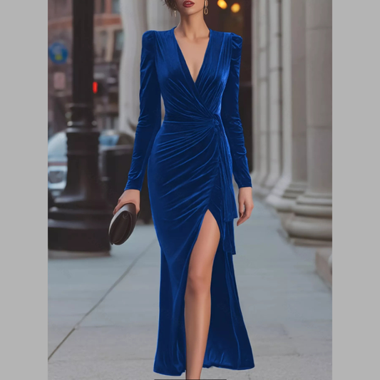 Velvet Ruched Slit Maxi Dress