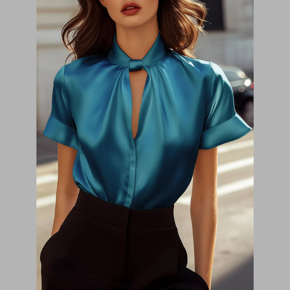 Satin Keyhole Short Sleeve Blouse