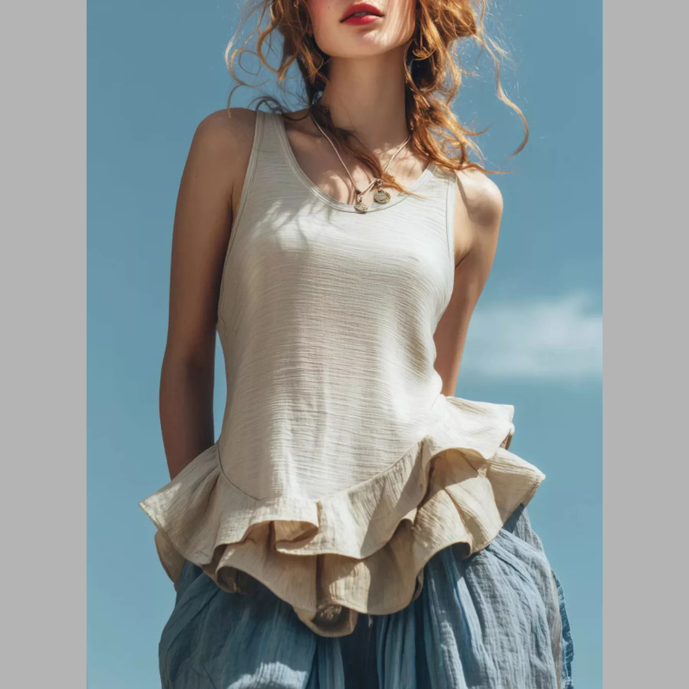 Ruffled Hem Round Neck Tank