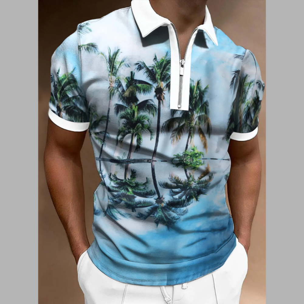 Men's Full Size Tropical Palm Tree Print Zipper Polo Plus Size