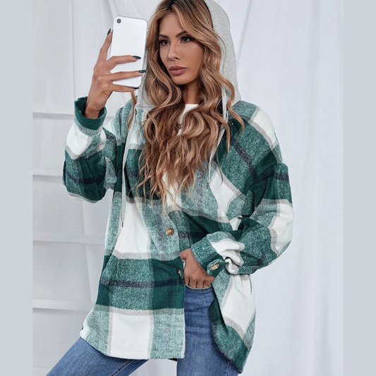 Plaid Hooded Jacket with Pockets