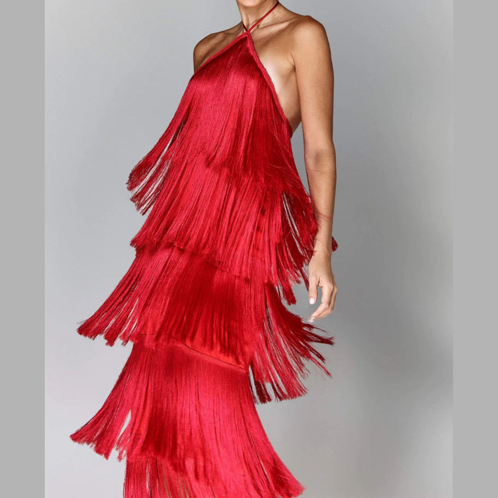 Fringe Halter Neck Maxi Dress
