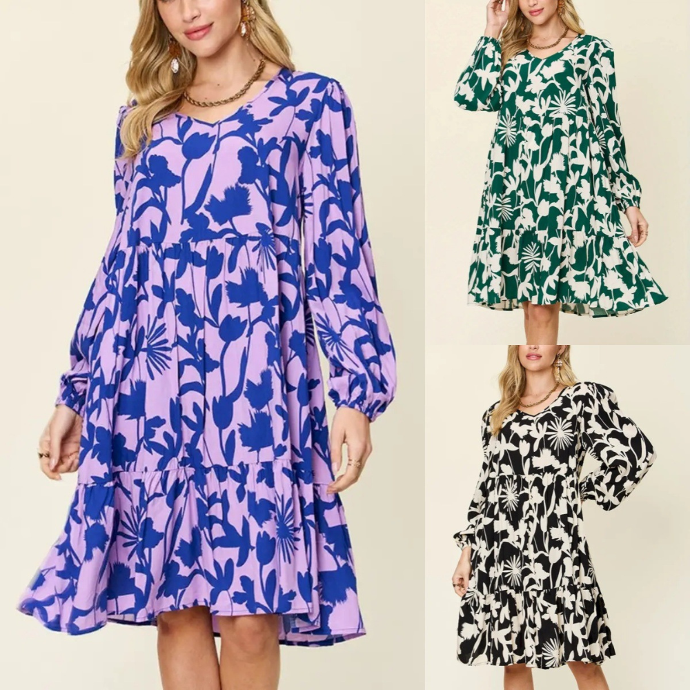 Casual Printed Long Sleeve Pleated Round Neck Dress