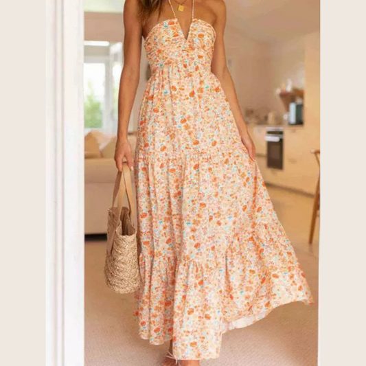 Floral Halter Neck Tiered Maxi Dress