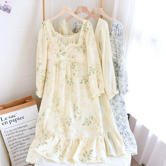 Cotton Crepe Chest Pad Long Sleeve Skirt U-collar Pullover Nightdress