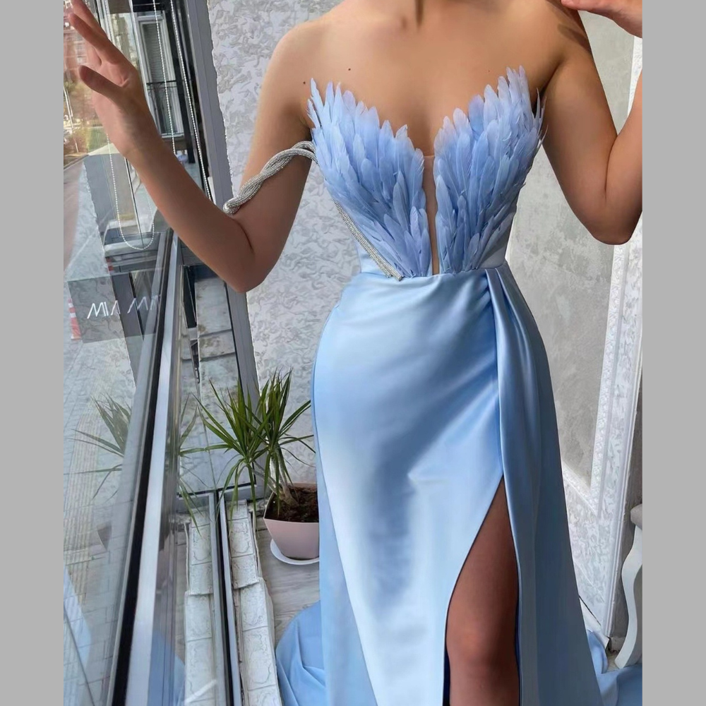 Feather Embellished Slit Maxi Dress