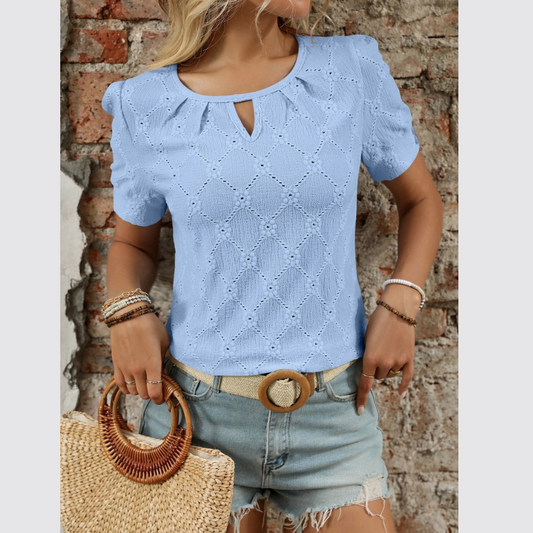 Breezy Eyelet Round Neck Short Sleeve Top
