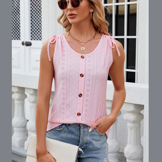 Eyelet Round Neck Wide Strap Tank