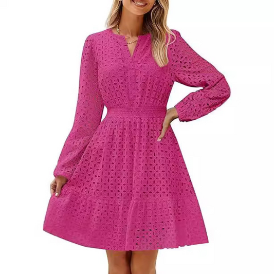 V-neck Hollow Eyelet Embroidered Cotton Long Sleeve Dress